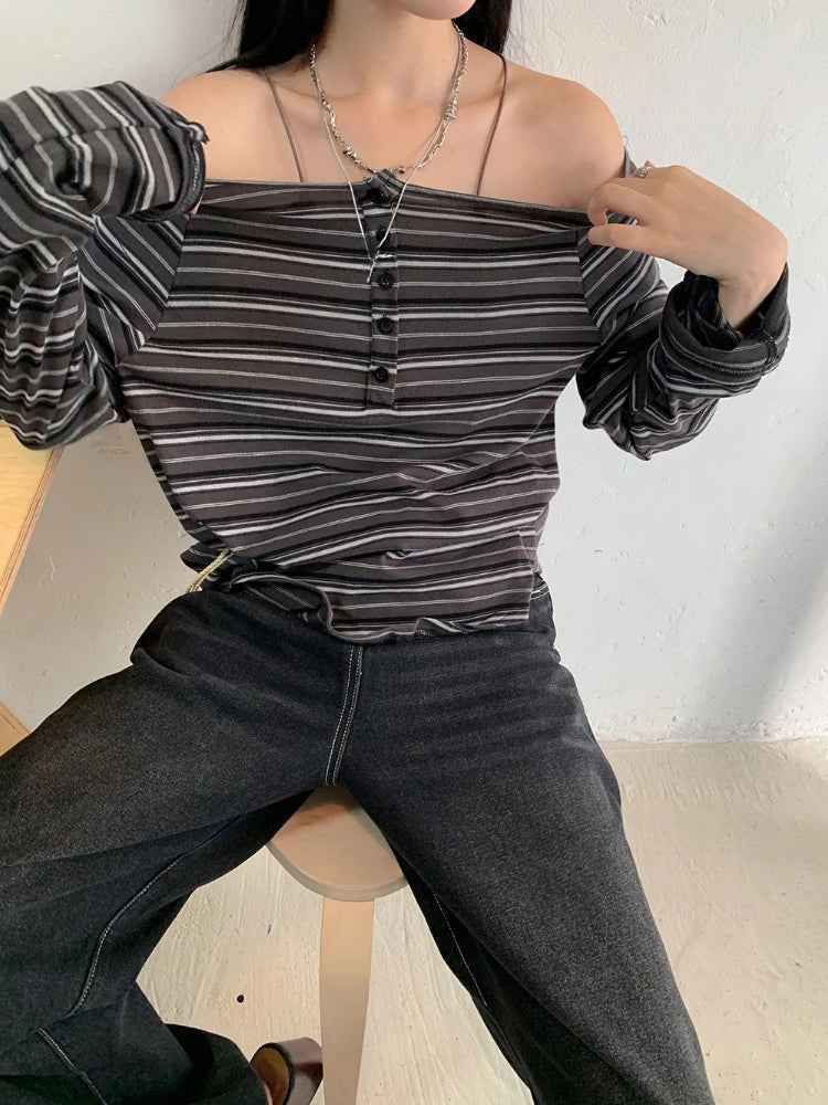 Women Streetwear Vintage Striped Slash Neck Grunge T-Shirt