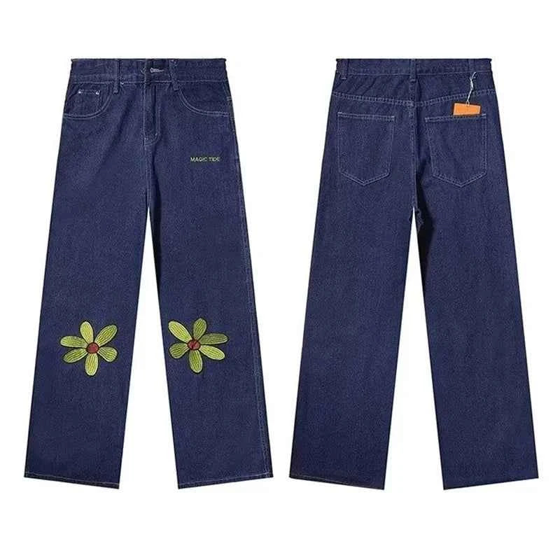 Effortless Blue Flower Daisy Wide Leg Denim Jeans