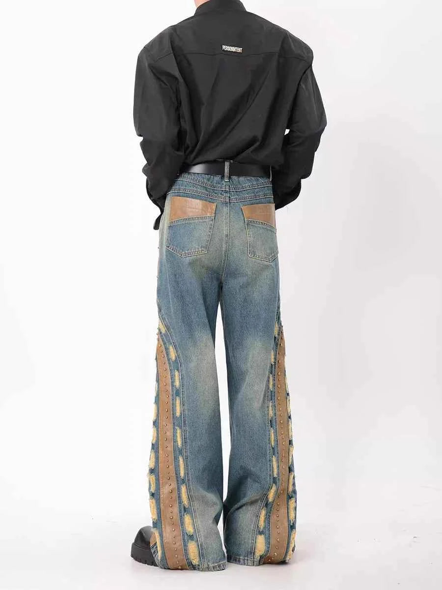 Vintage Distressed Studded Leather Patchwork Jeans