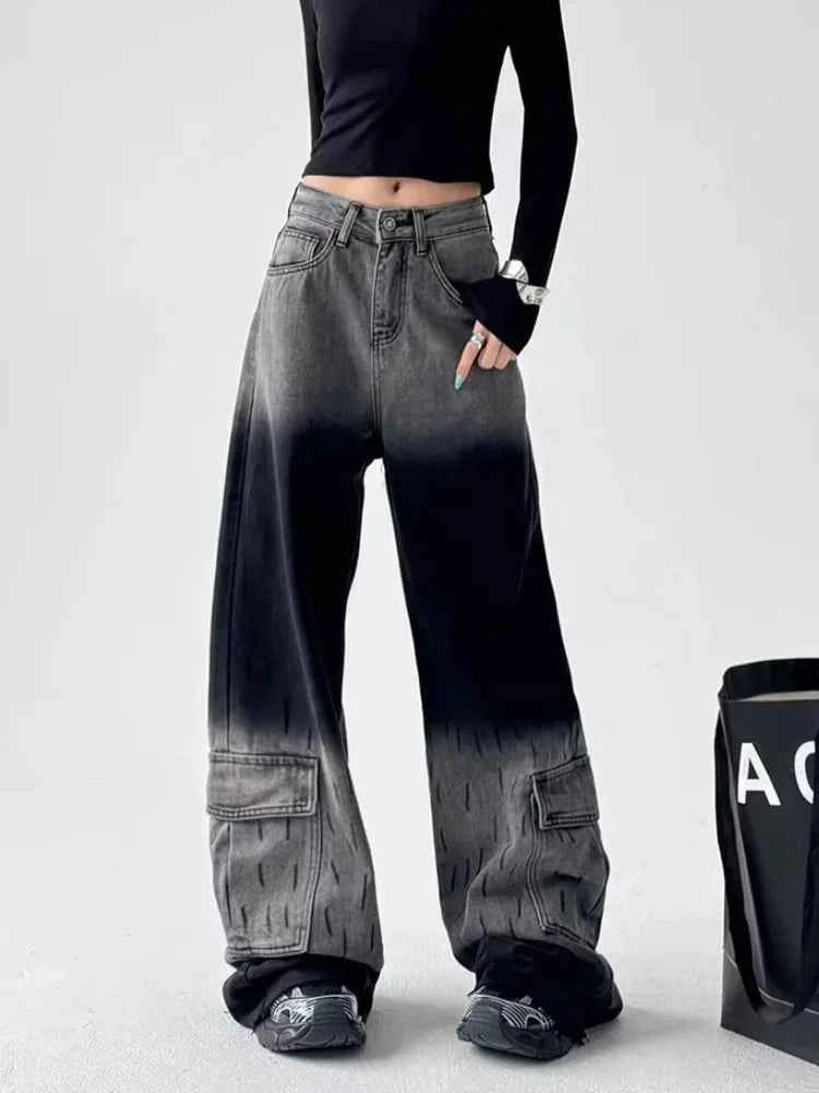 Vintage Black Grey Baggy Wide Jeans