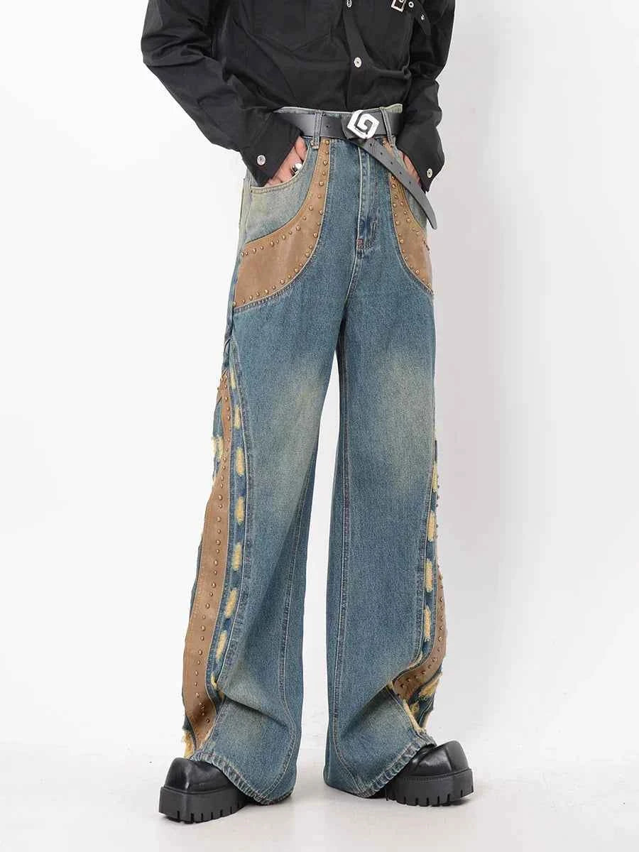 Vintage Distressed Studded Leather Patchwork Jeans