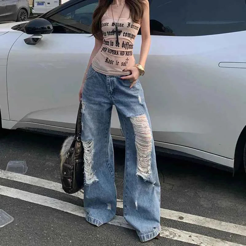 Women Essential Loose Straight Ripped Jeans