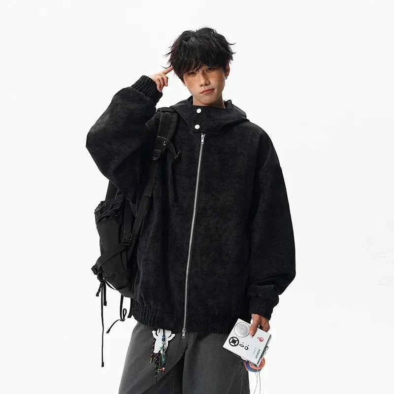 Windproof Suede Zipper Hooded Leather Jacket