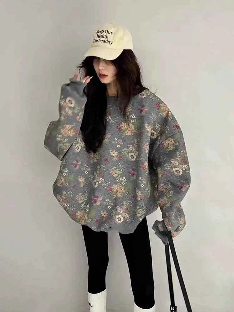 Vintage Women Gray Floral Round Sweatshirt