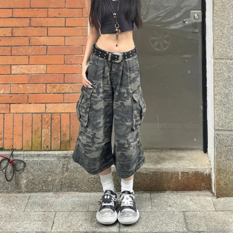 Streetwear Vintage camouflage denim high cargo Jorts - Luxuryurbanwear