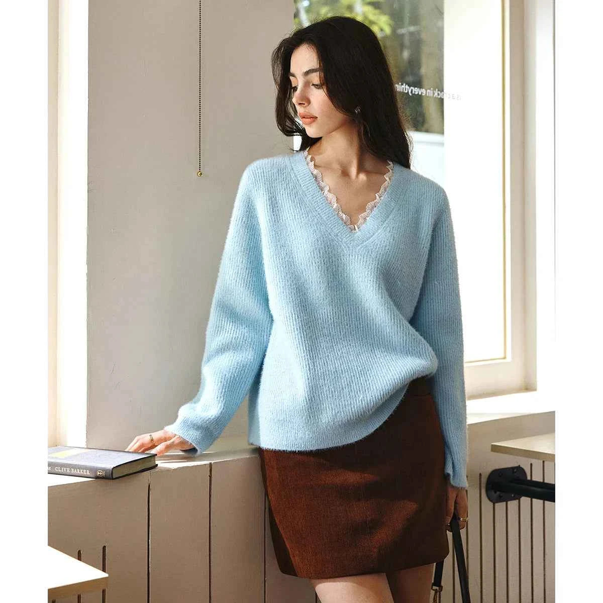 Elegant French Lace V-Neck Collar Knit Sweater
