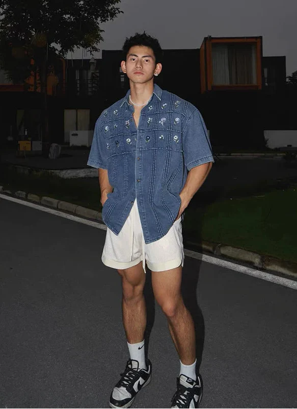 Men's Embroidered Denim Short Sleeve Shirt - Luxuryurbanwear