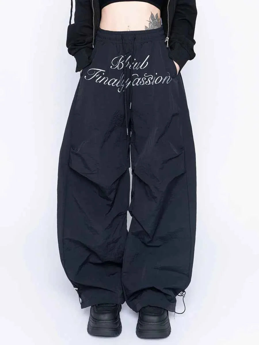 Black Chic Letters Print Parachute Sweatpants