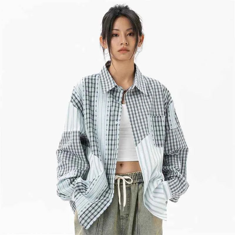 Women Plaid Patchwork Oversized Blouse Shirt