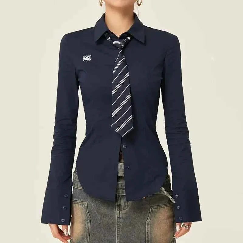 Women Stylish Trendy White Slim Fit Tie Shirt