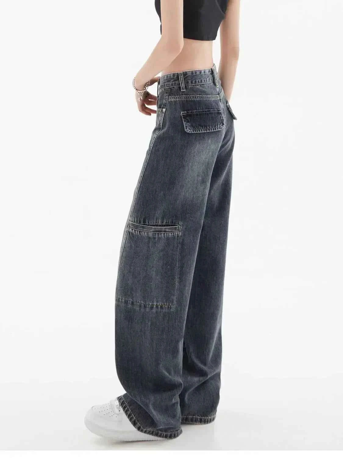 Women Vintage Washed Cargo Wide Leg Jeans