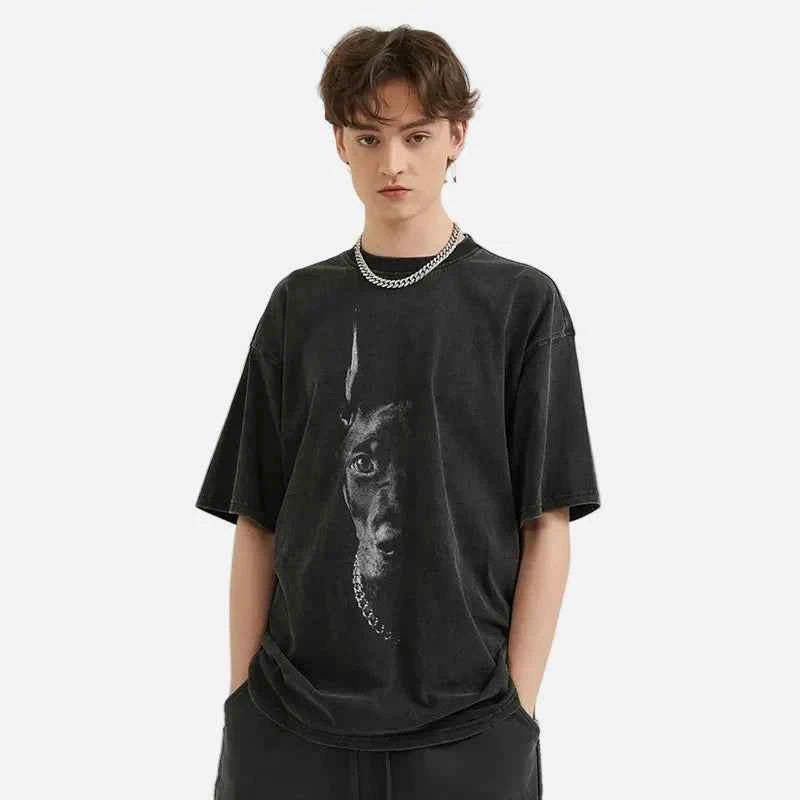 Oversized Faded Black Doberman Graphic T-Shirt
