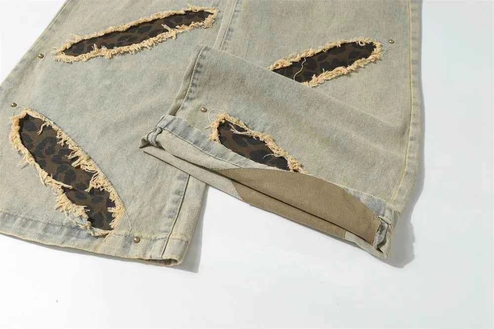 Streetwear Leopard Print Patch Rivets Ripped Jeans