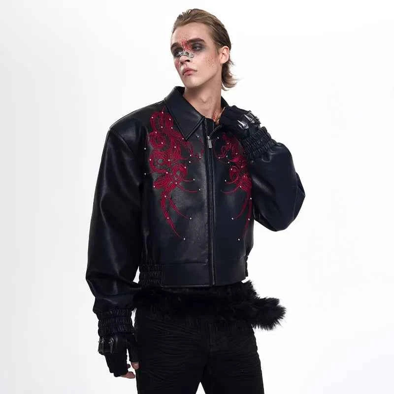 Men Premium Embroidered Patchwork Leather Jacket