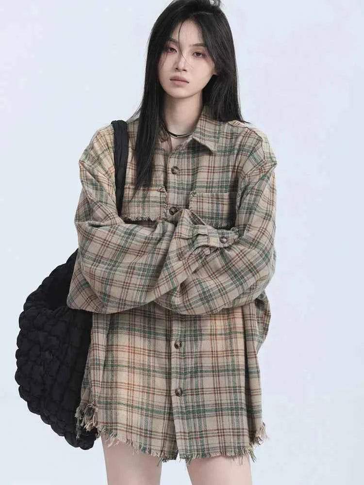 Women Streetwear Vintage Plaid Tassel Long Sleeve Shirt