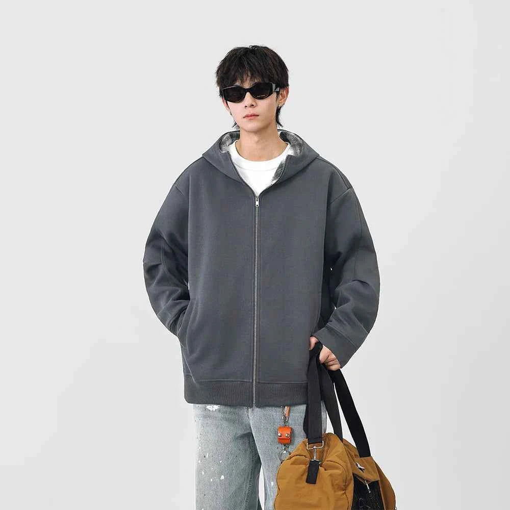Plaid Zip-Up Casual Loose Hooded Sweatshirt