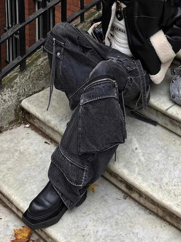 Women Washed Black Baggy Cargo Jeans