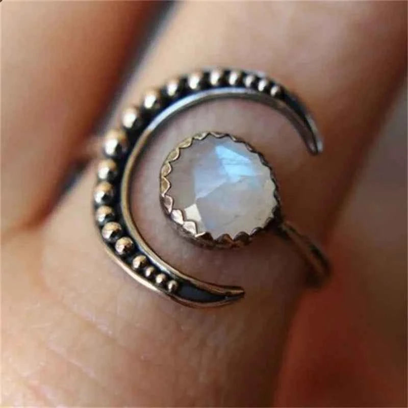 Moonstone Carving Silver Adjustable Ring
