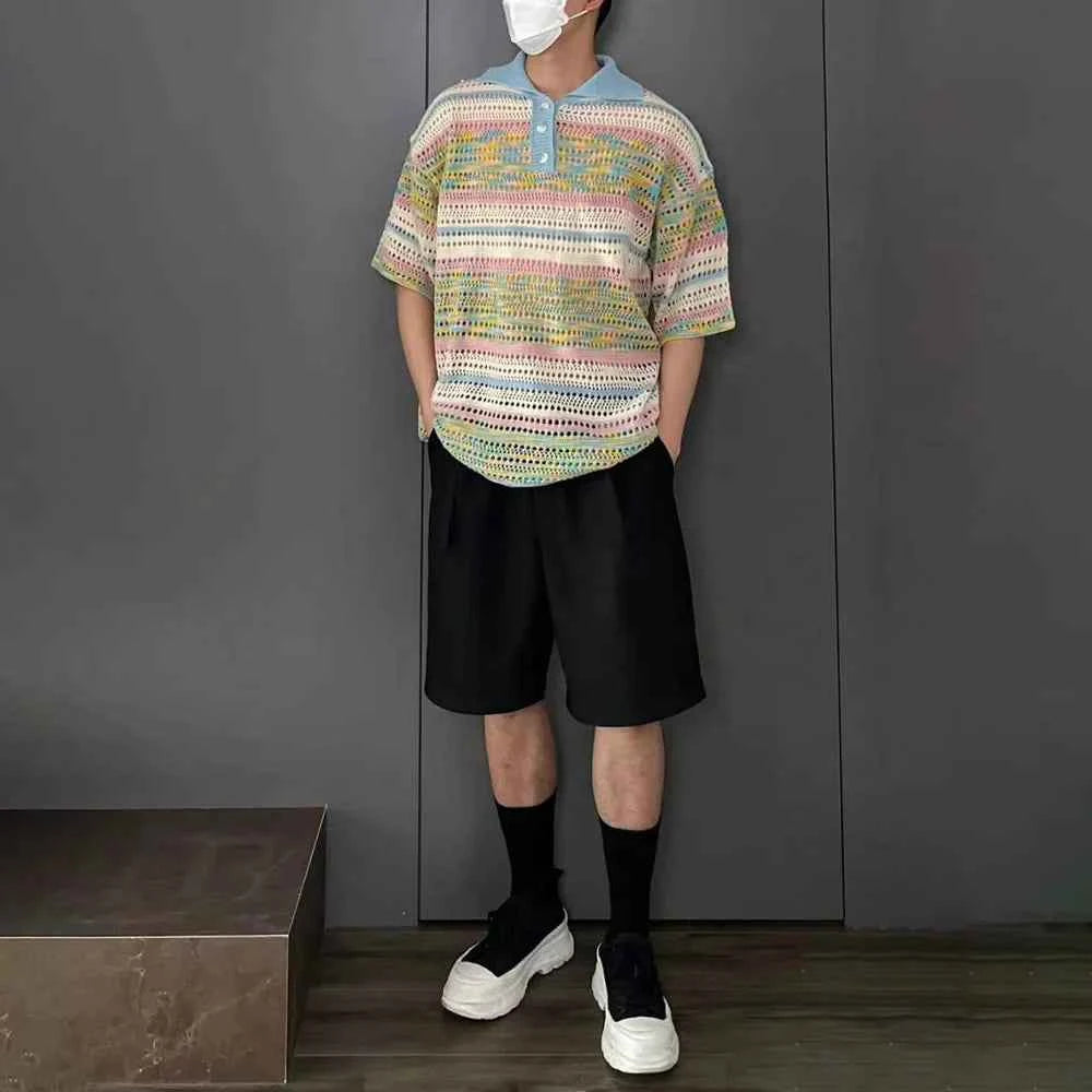 Versatile Gradient Striped Knit Polo Sweater