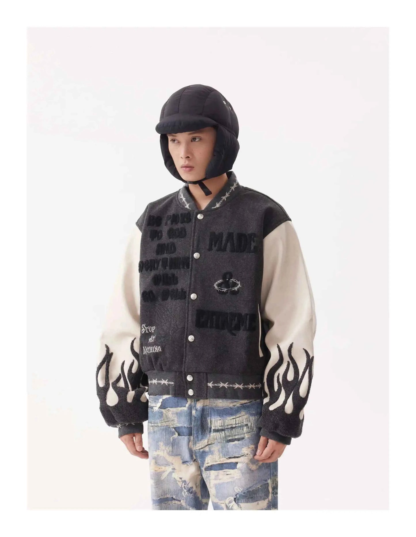 Flame Mixed Knit Embroidery Colorblock Jacket