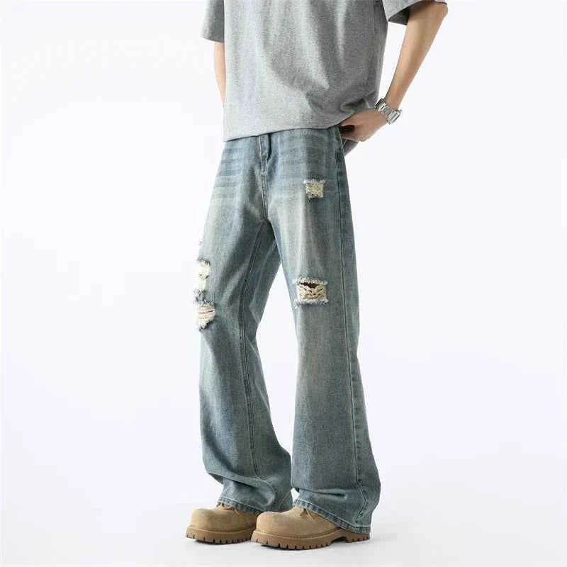 Vintage Streetwear Scratched Blue Ripped Jeans