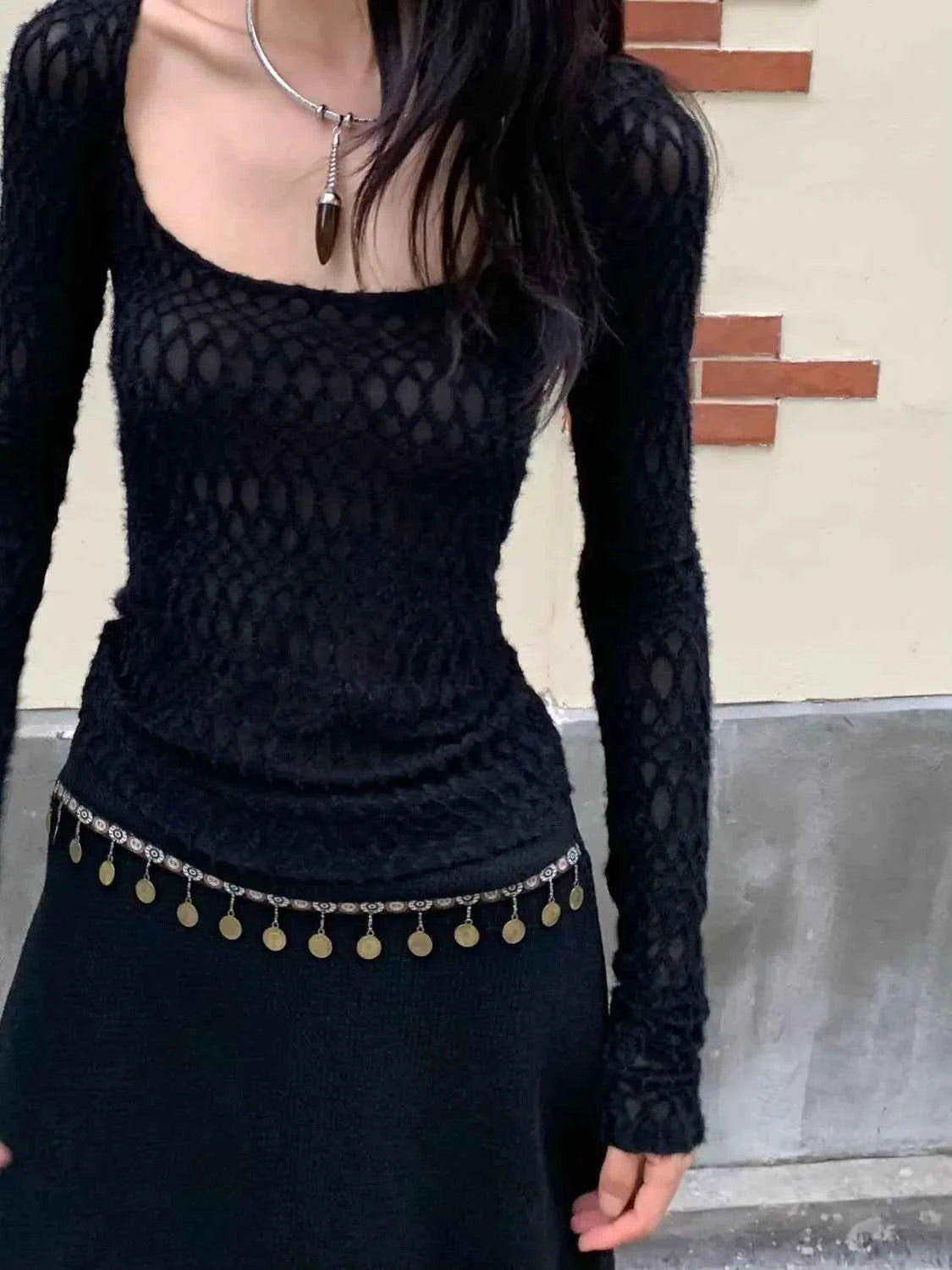 Yedinas Gothic Black Sheer Long T-Shirt