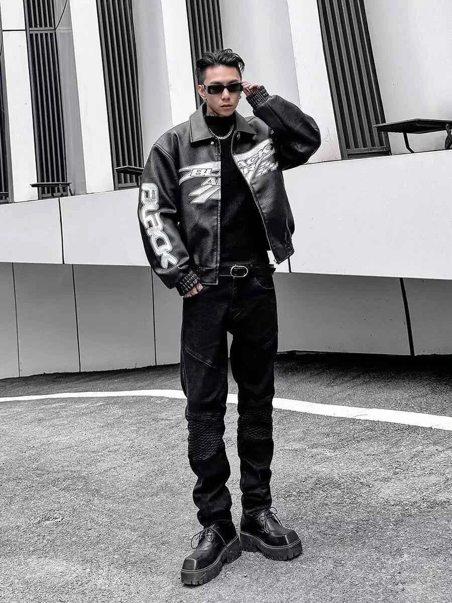 Retro Punk Embroidered Leather Motorcycle Jacket