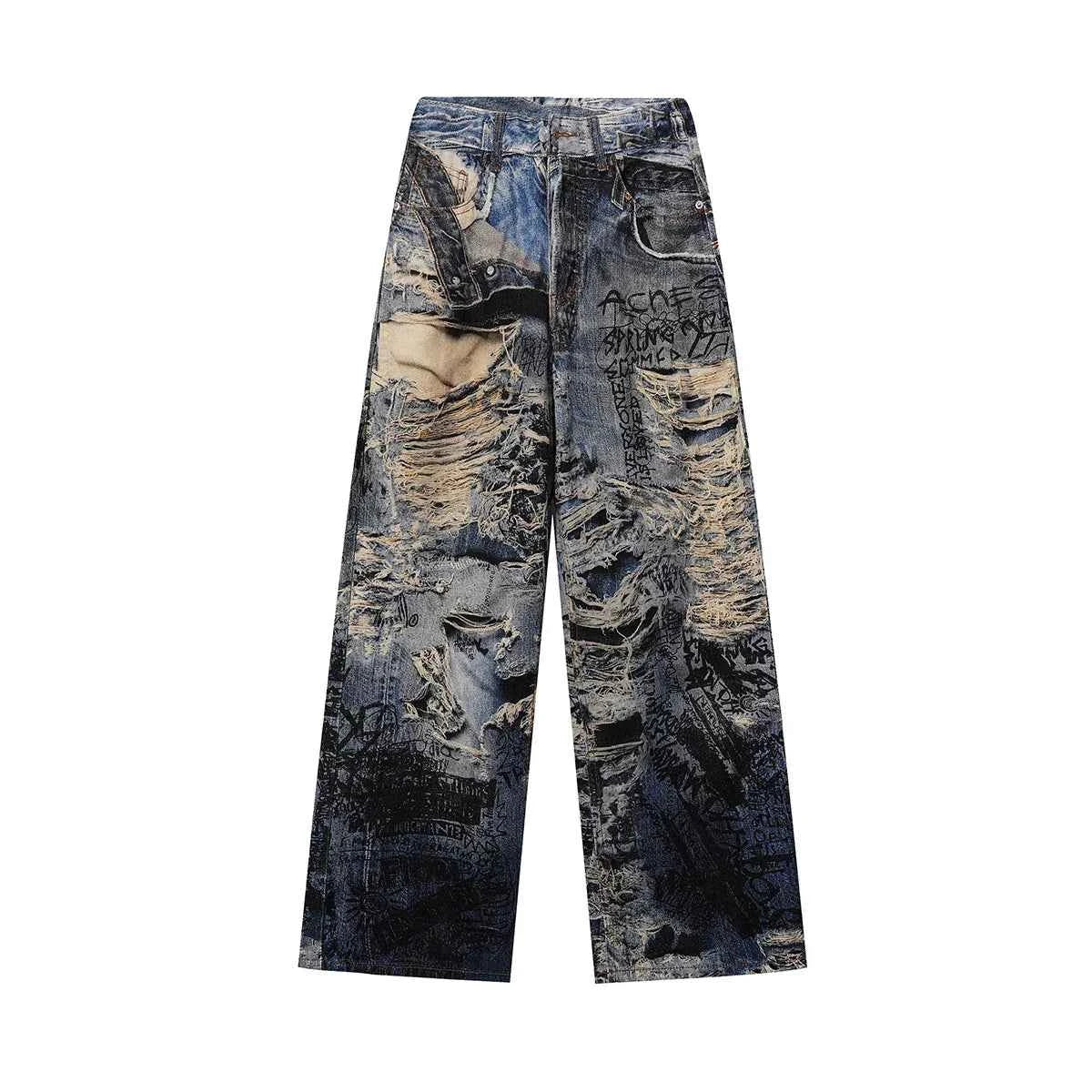 Retro 3D Printed Cool Ripped Wide Leg Jeans