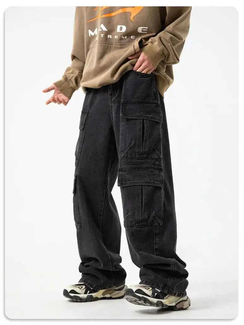 Timeless Fit Washed Denim Wide Leg Cargo Jeans