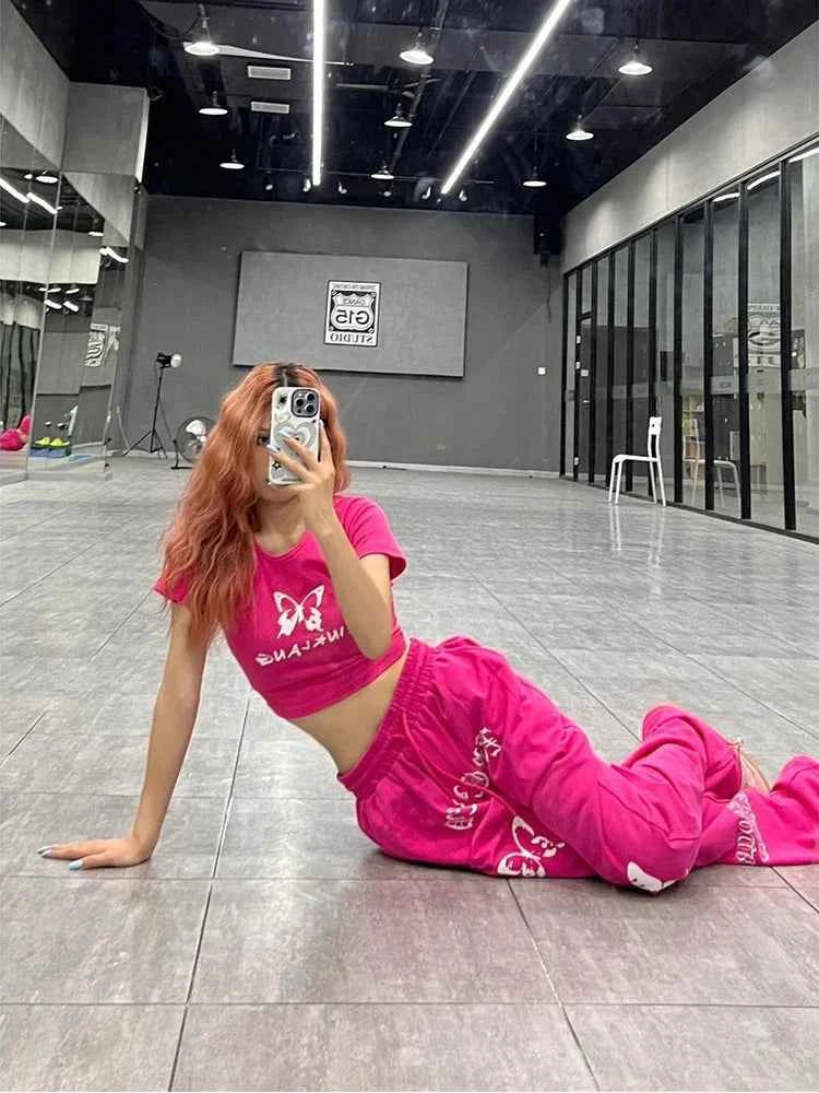 Pink Y2K Bufferfly Pattern Wide Leg Sweatpants