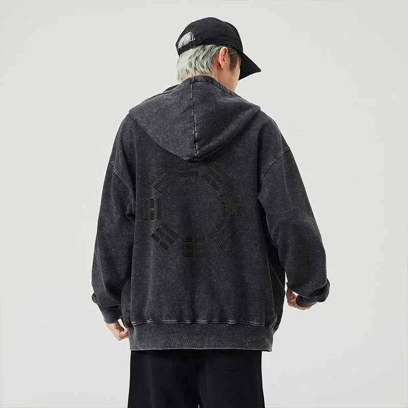 Washed Streetwear Embroidered Zip-Up Hooded Sweatshirt