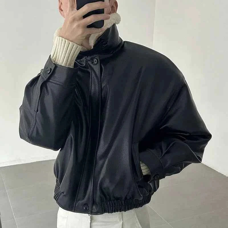 Detachable Fur Collar Thick Velvet Lined Leather Jacket