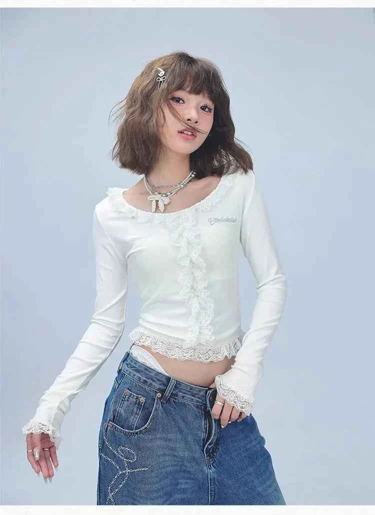 Women Spicy Lace Trim Long Sleeve T-shirt
