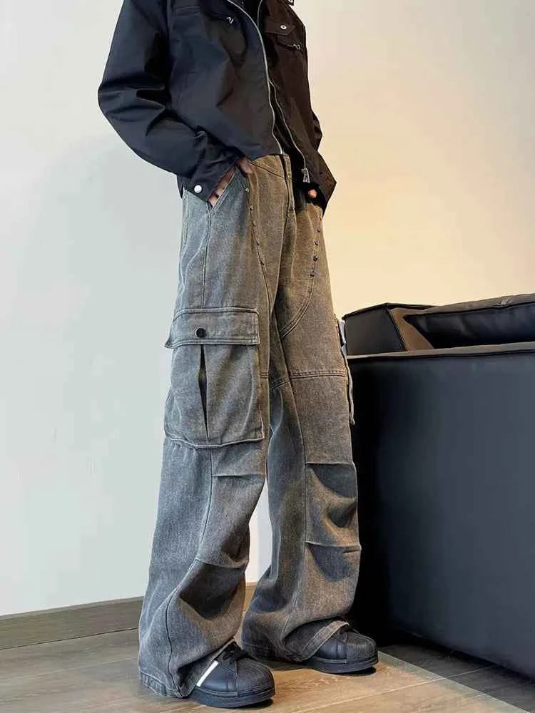 Y2K Streetwear Vintage Cyber Gray Pleated Baggy Jeans