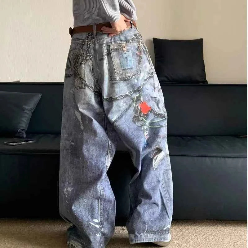 Retro Streetwear American Style Baggy Chain Jeans