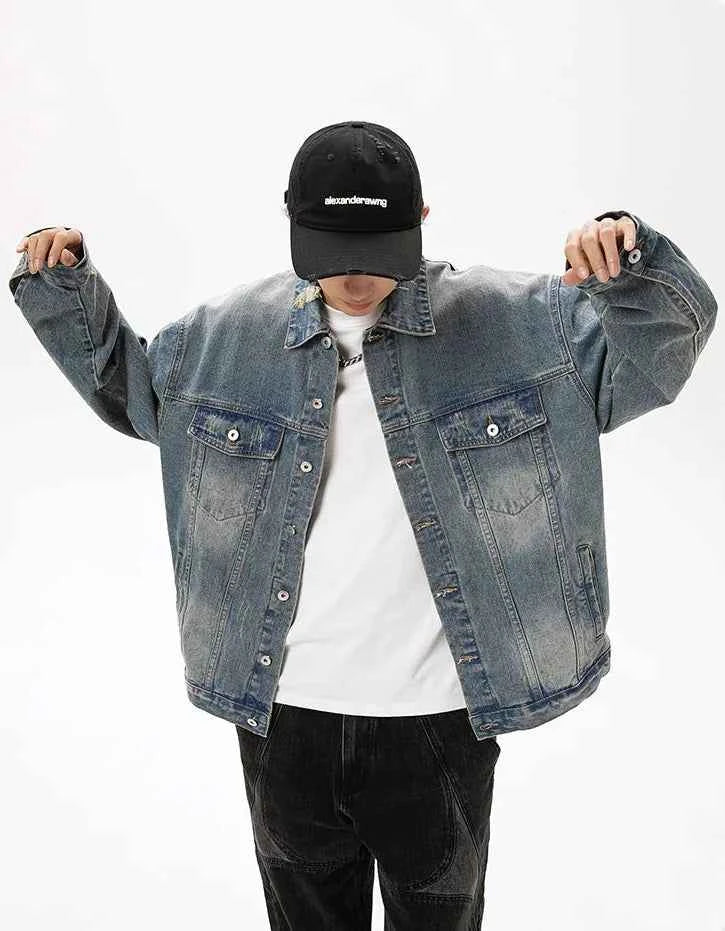 Damaged Neckline Loose Denim Jacket