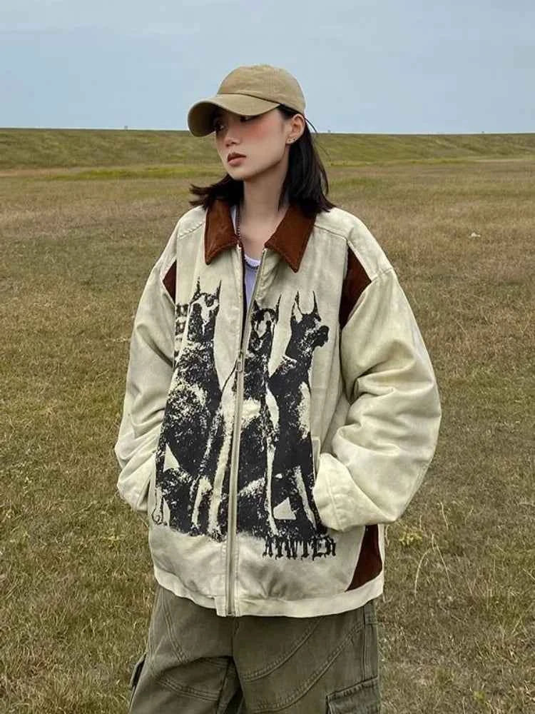 Streetwear Vintage Cartoon Print Oversized Jacket