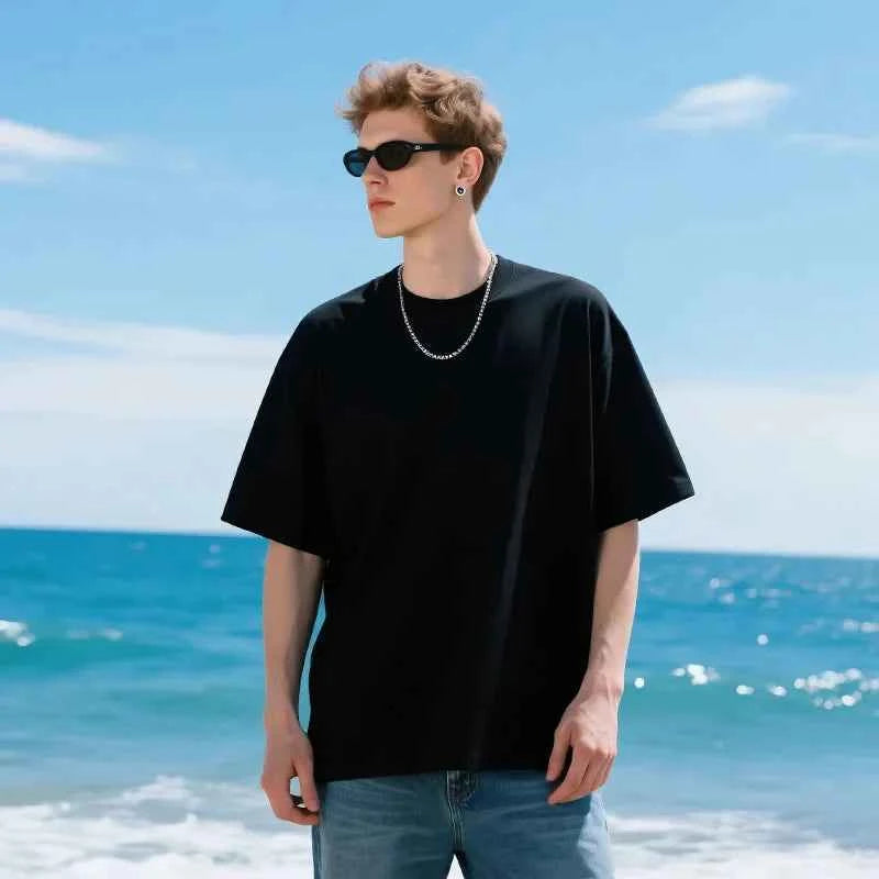 Black Drop Shoulder Cotton Minimalist T-Shirt