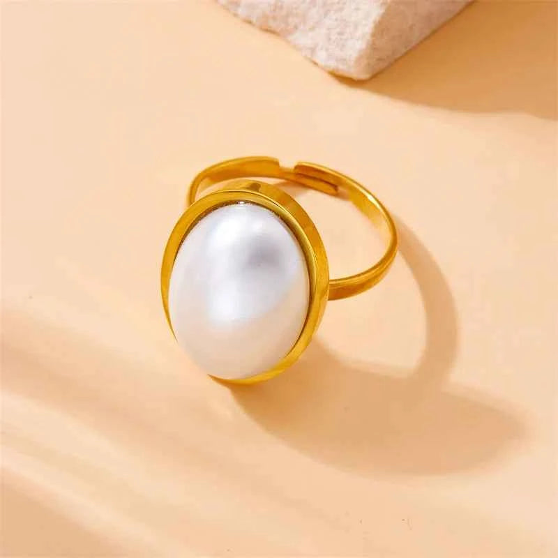 Adjustable Oval Pearl Stainless Steel Ring