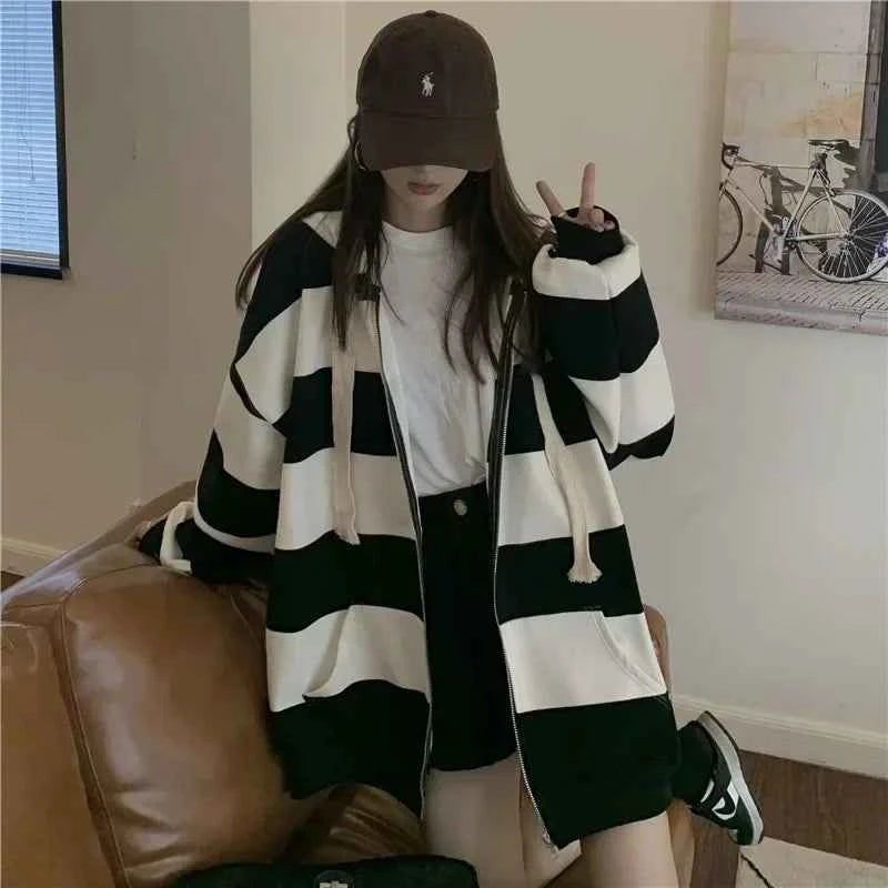 Stylish Korean Style Striped Loose Hooded Sweatshirt