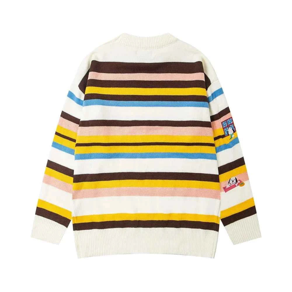 Embroidered Crew Neck Collar Contrast Paneled Striped Sweater