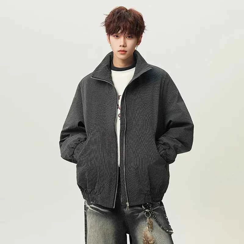 Stylish Plaid Design Stand Collar Zipper Jacket