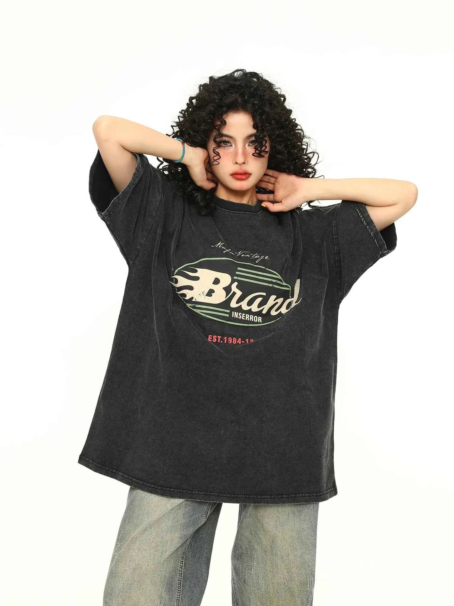 Vintage Alphabet Print Loose Cotton T-Shirt