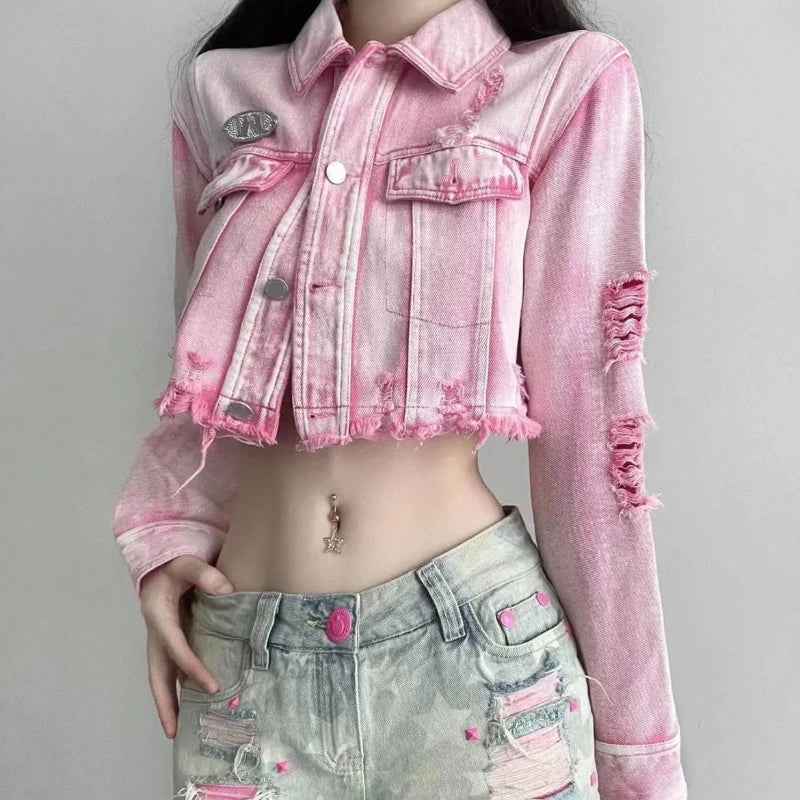 Pink Ripped Hip Hop Short Denim Jacket