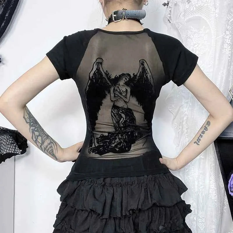 Dark Gothic Sheer Mesh Backless T-Shirt