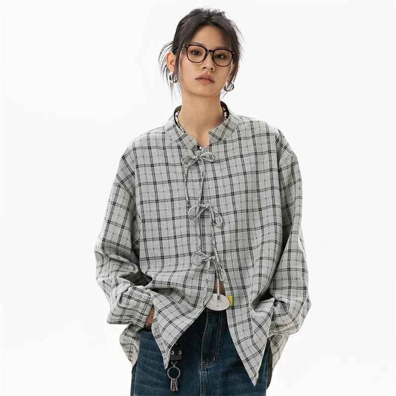Elegant Gray Cool Plaid Blouse Long Shirt