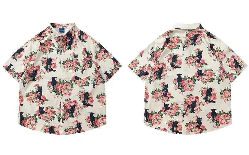 Streetwear Black Cat Floral Cool Button-Up Shirt