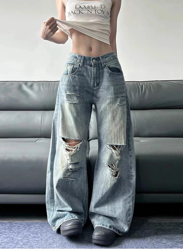 Durable Y2K High Waist Ripped Blue Wide Leg Jeans - Luxuryurbanwear