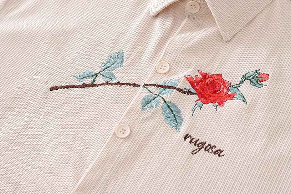 Rose Embroidery Corduroy Button-Up Short Sleeve Shirt