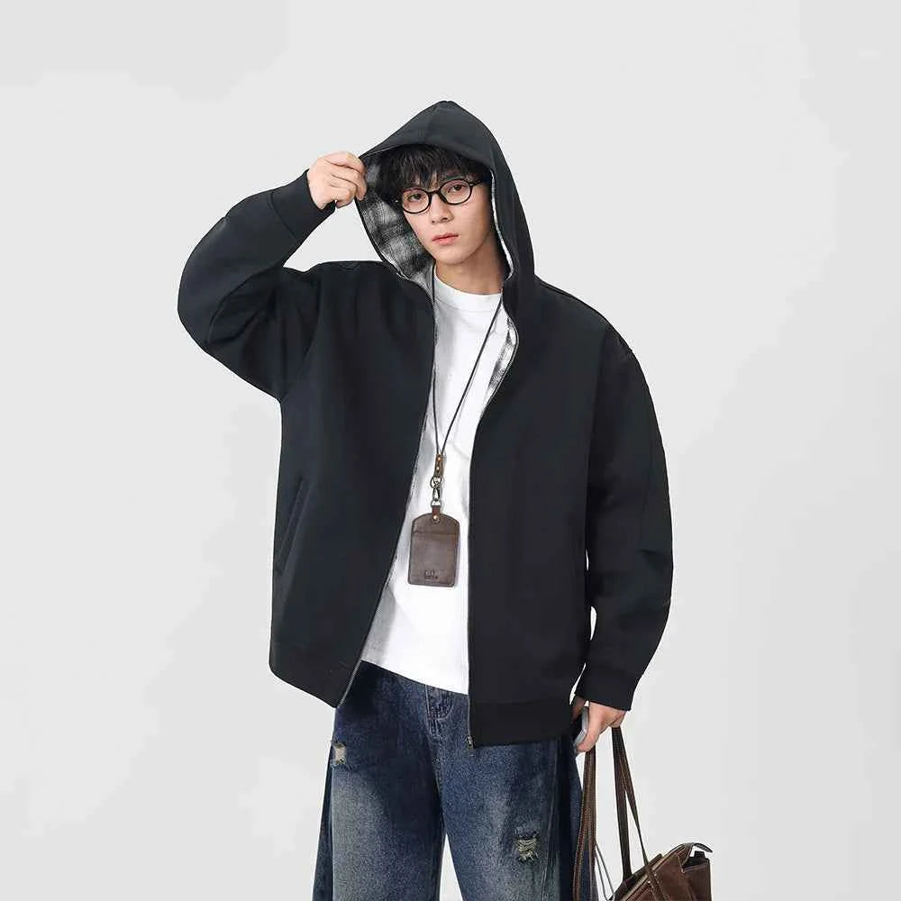 Plaid Zip-Up Casual Loose Hooded Sweatshirt